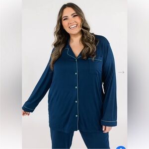 In My Sundays Navy Blue Empire Green Piping Contrast Pajama Top Shirt